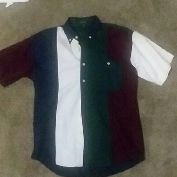 Campus Color Block Short Sleeve Collar Buttons Down y2k Bolo Shirt Men Size M - Picture 2 of 6